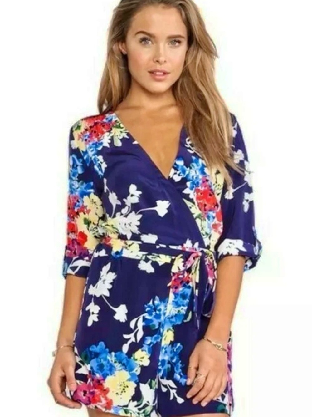 Navy Floral Wrap Romper with Belt